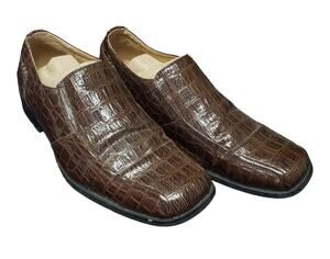 Italic Men's Brown Leather Slip On Side Stretch Square Toe Loafers Dress Shoes